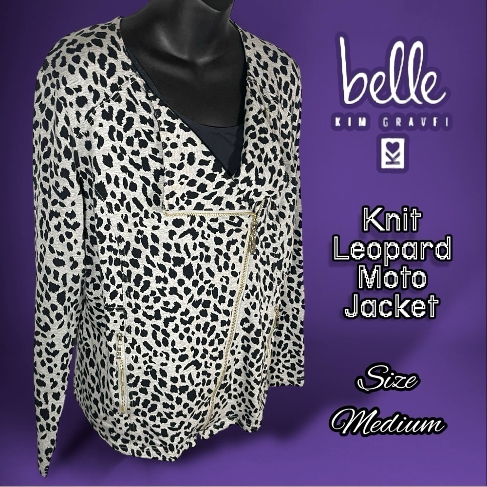 Belle by Kim Gravel Women’s Leopard Moto Jacket Heather Grey Size Medium